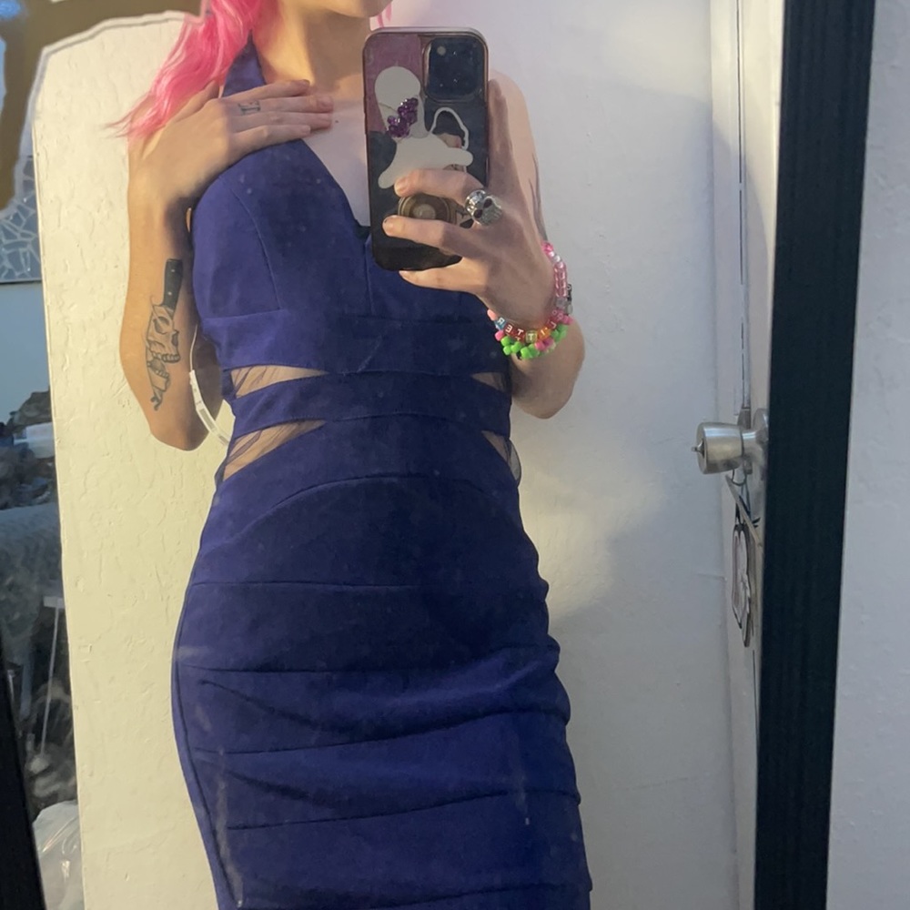 New with tags! Purple halter strap dress with mesh design on front 👾